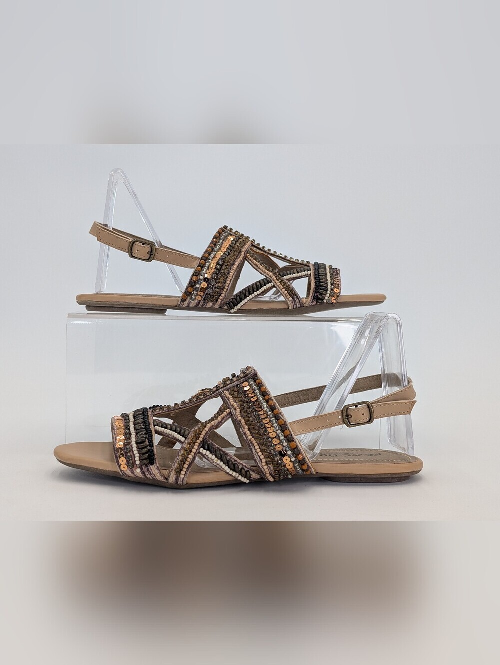 Kenneth Cole Reaction Sz 7.5M Bronze/Taupe With Beads/Sequin & Criss-Cross Strap - Picture 9 of 17